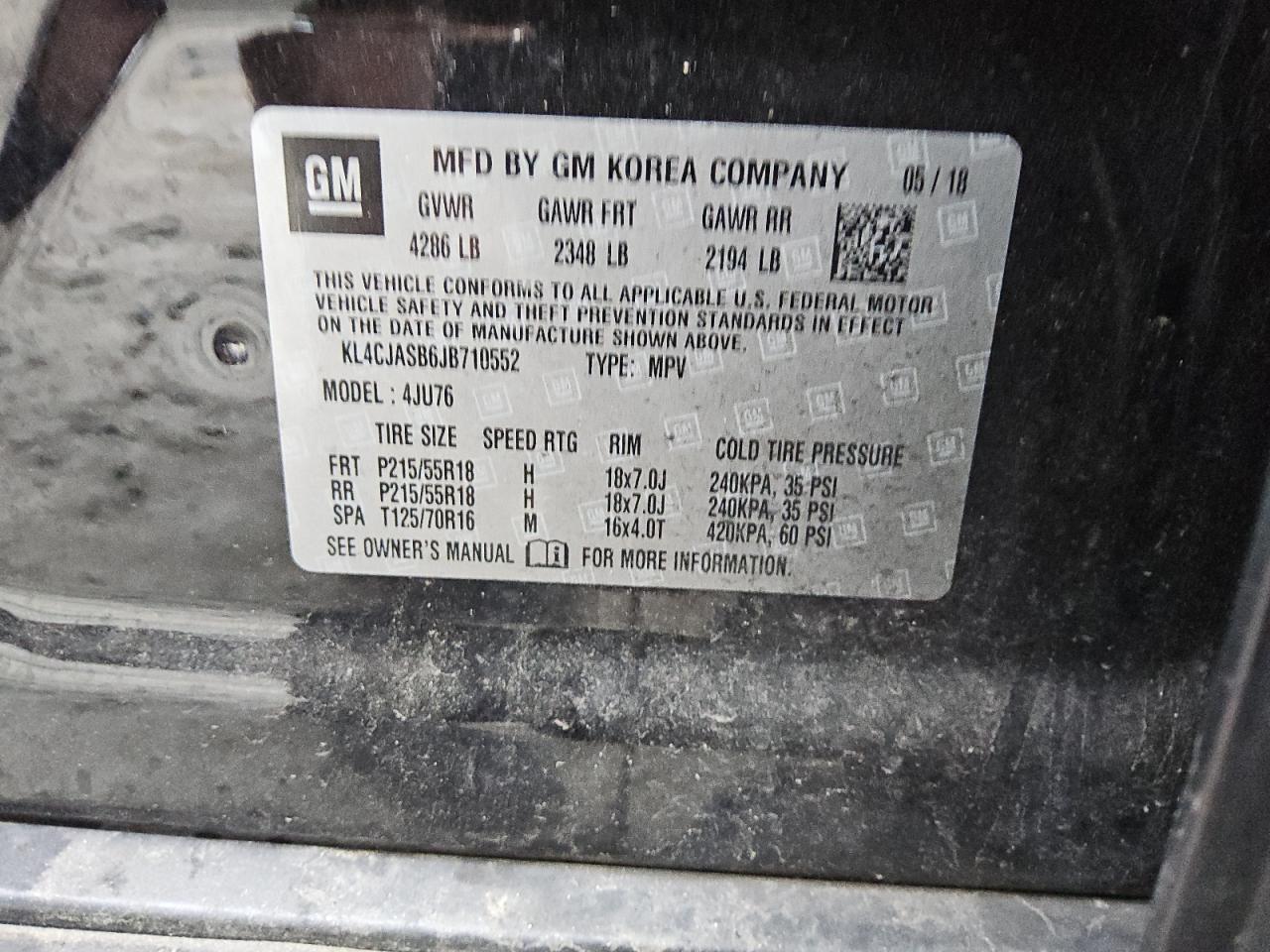 2018 Buick Encore Preferred VIN: KL4CJASB6JB710552 Lot: 68283975