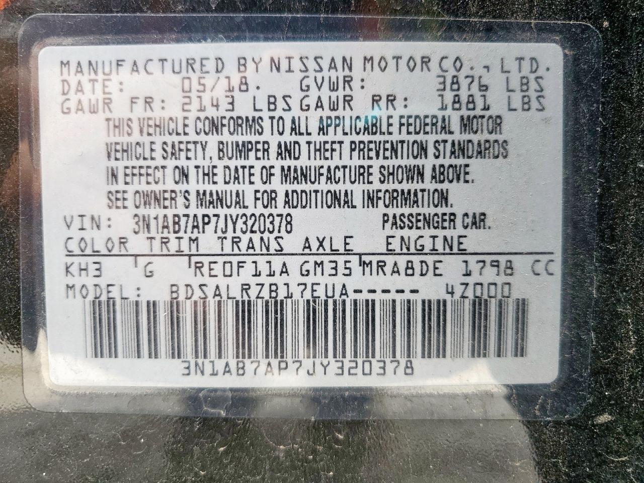 2018 Nissan Sentra S VIN: 3N1AB7AP7JY320378 Lot: 69776495