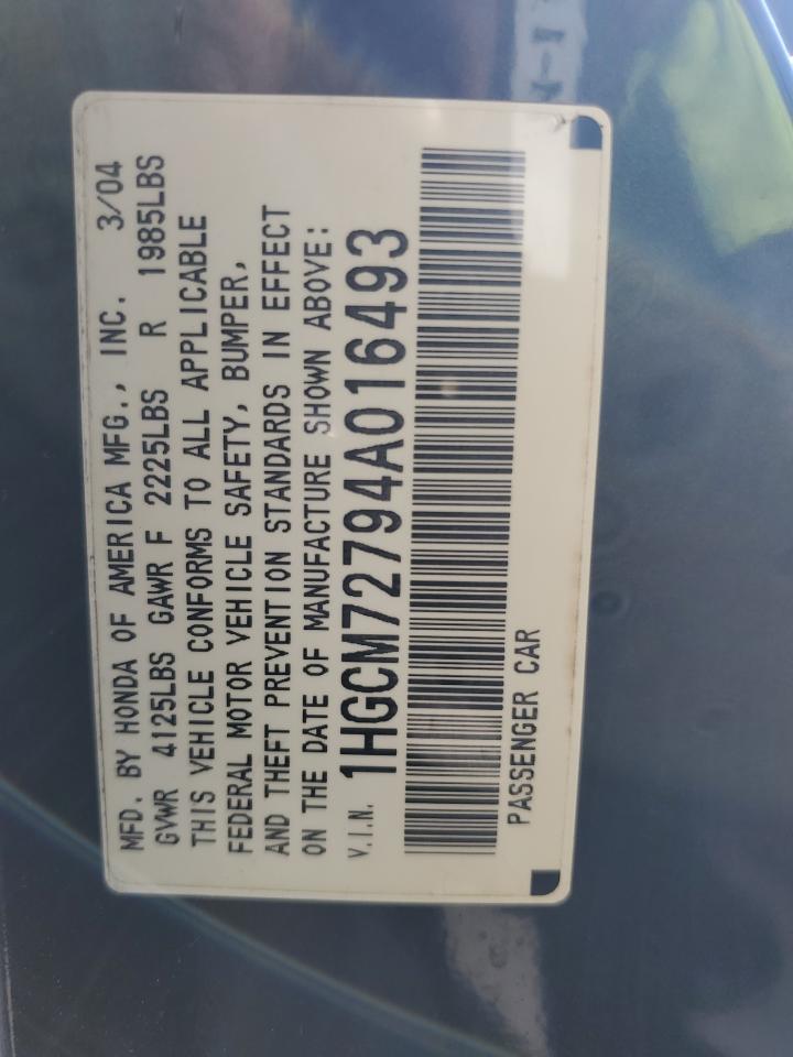 2004 Honda Accord Ex VIN: 1HGCM72794A016493 Lot: 69589285