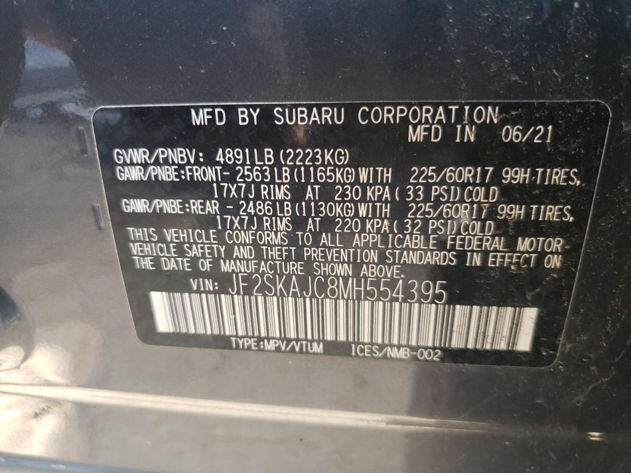 2021 Subaru Forester Premium VIN: JF2SKAJC8MH554395 Lot: 69843895