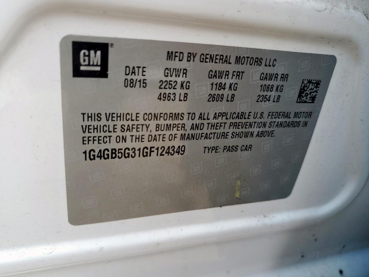 2016 Buick Lacrosse VIN: 1G4GB5G31GF124349 Lot: 67680205