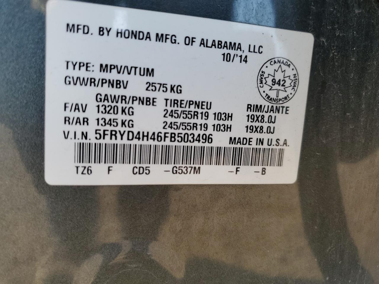 2015 Acura Mdx Technology VIN: 5FRYD4H46FB503496 Lot: 70374065