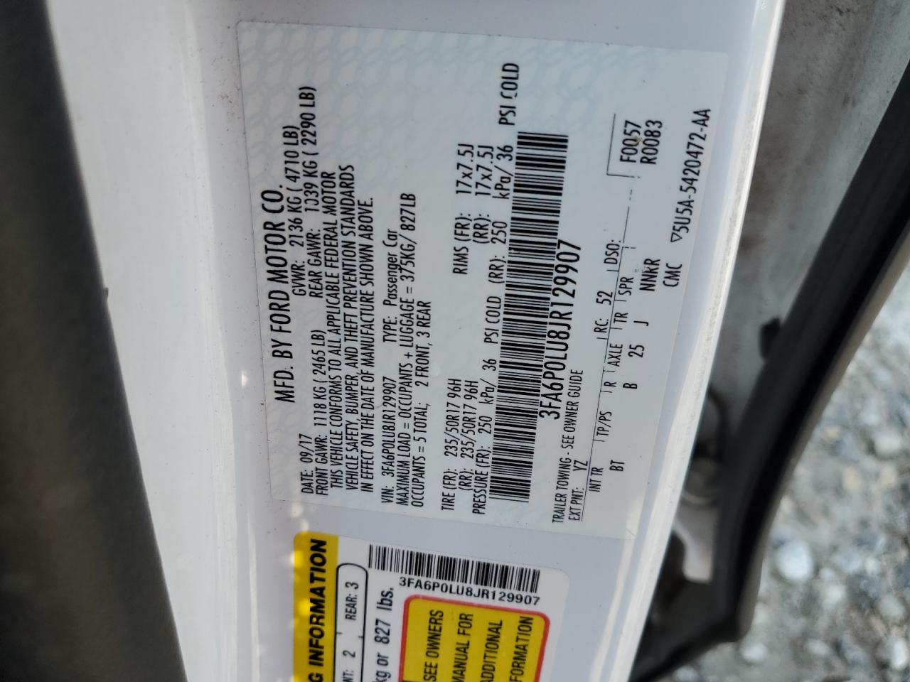 2018 Ford Fusion Se Hybrid VIN: 3FA6P0LU8JR129907 Lot: 66079255