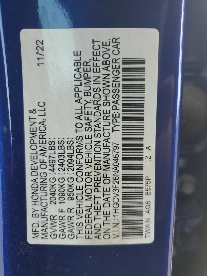 2022 Honda Accord Hybrid Sport VIN: 1HGCV3F26NA046797 Lot: 69259965