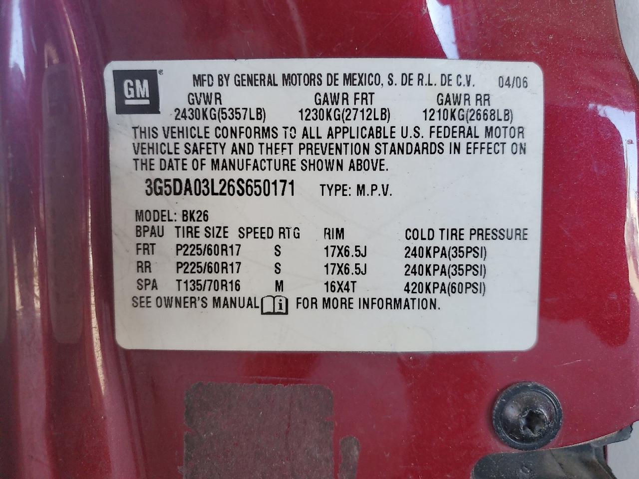 2006 Buick Rendezvous Cx VIN: 3G5DA03L26S650171 Lot: 67481965