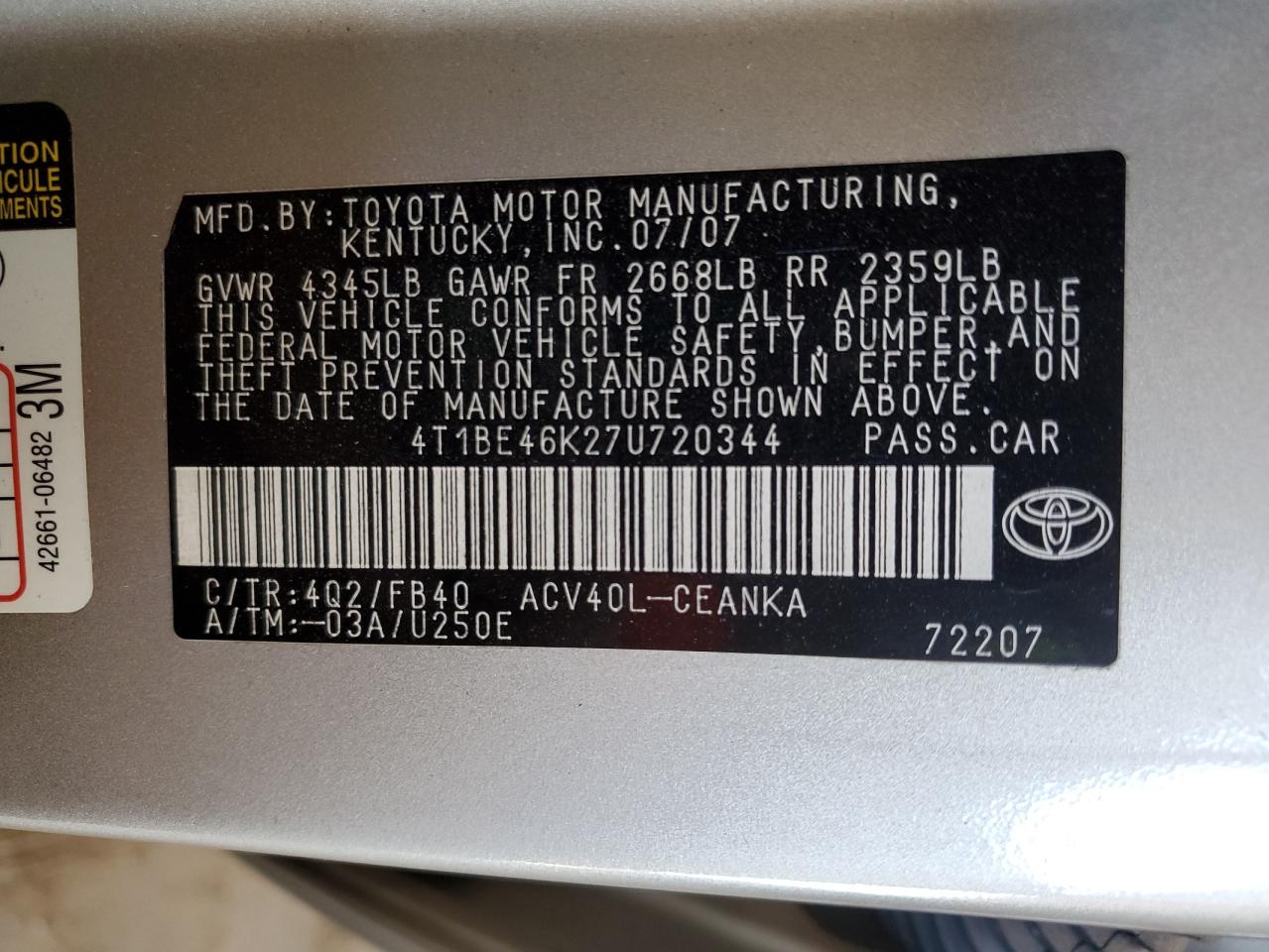2007 Toyota Camry Ce VIN: 4T1BE46K27U720344 Lot: 71160755