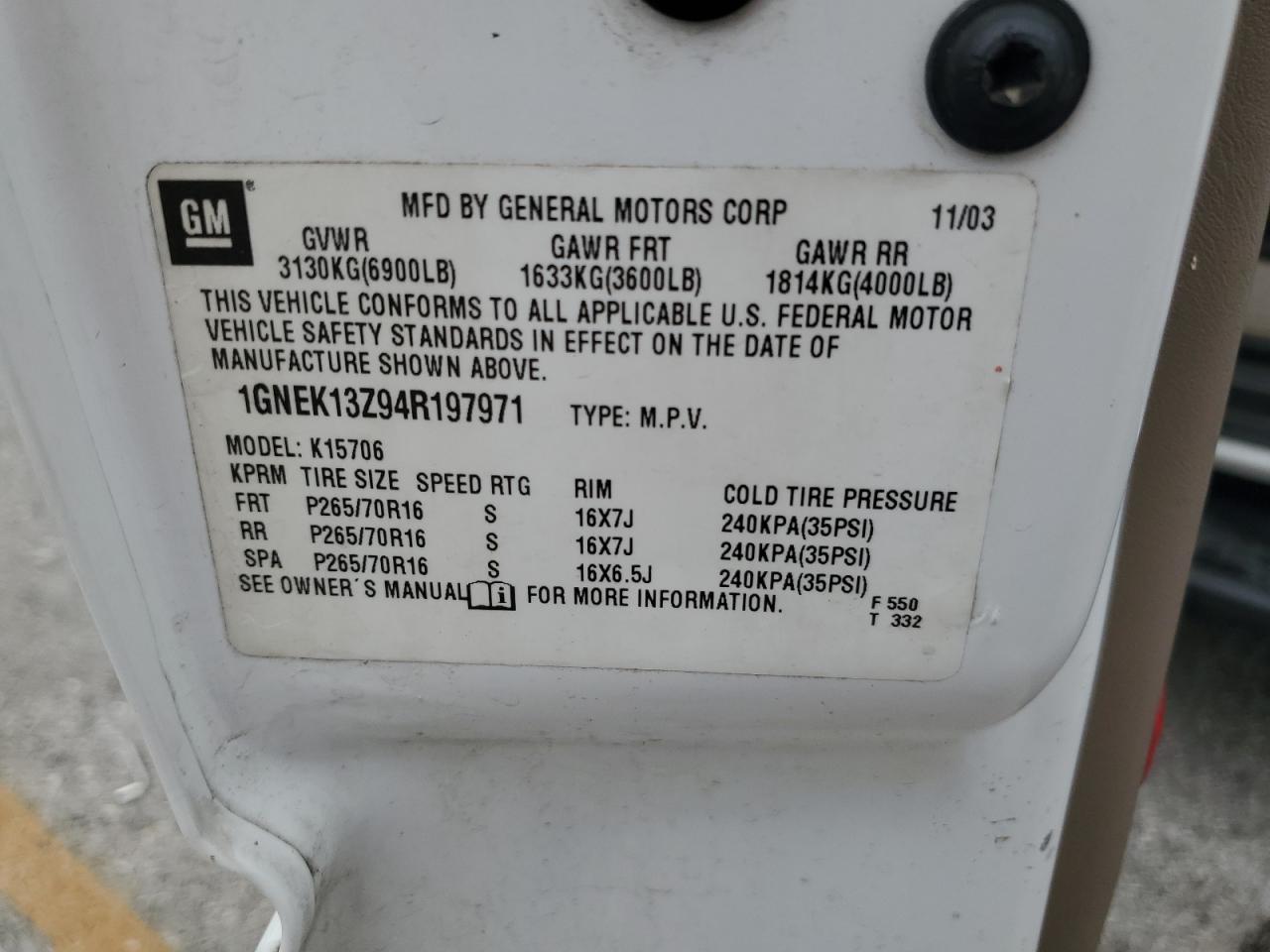 2004 Chevrolet Tahoe K1500 VIN: 1GNEK13Z94R197971 Lot: 70584615