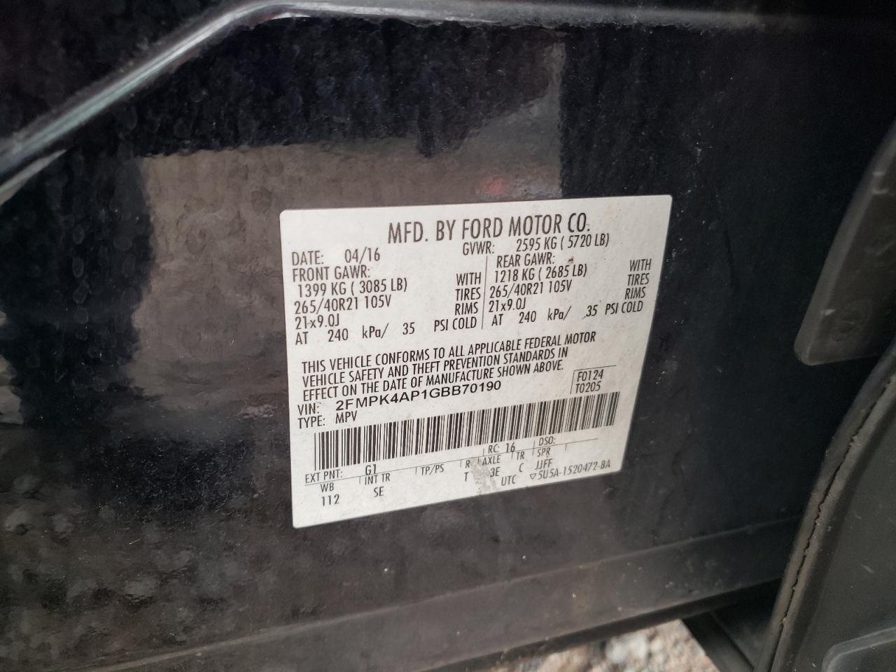 2016 Ford Edge Sport VIN: 2FMPK4AP1GBB70190 Lot: 69943145