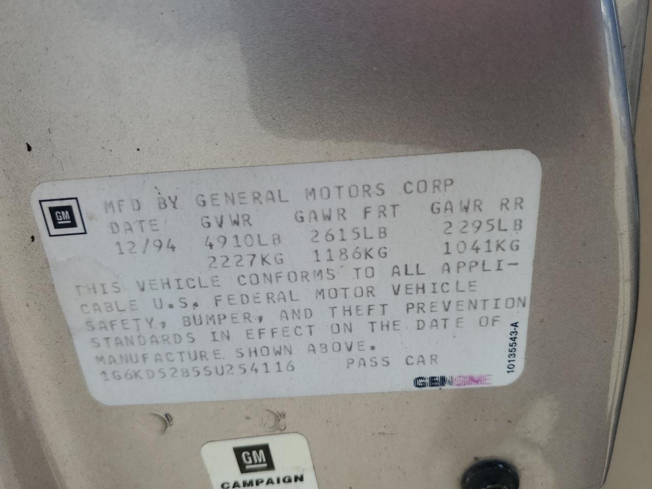 1995 Cadillac Deville VIN: 1G6KD52B5SU254116 Lot: 70059295