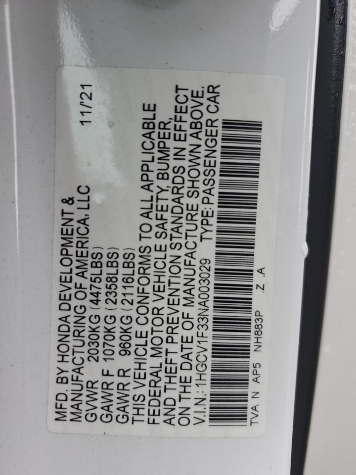 2022 Honda Accord Sport VIN: 1HGCV1F33NA003029 Lot: 69047325