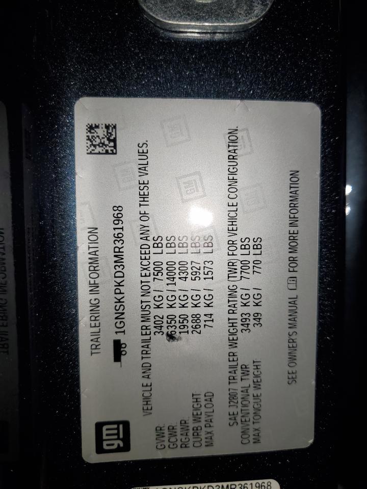 2021 Chevrolet Tahoe K1500 Z71 VIN: 1GNSKPKD3MR361968 Lot: 69996395