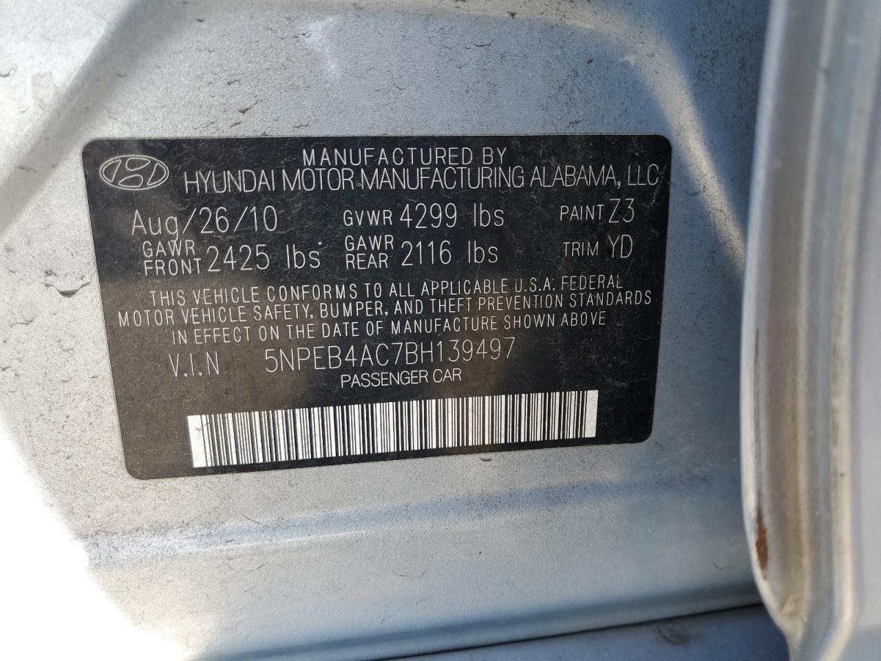 2011 Hyundai Sonata Gls VIN: 5NPEB4AC7BH139497 Lot: 70288115