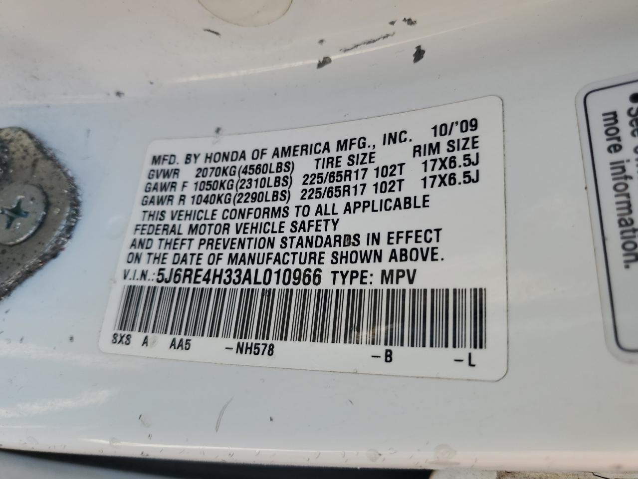 2010 Honda Cr-V Lx VIN: 5J6RE4H33AL010966 Lot: 64977315
