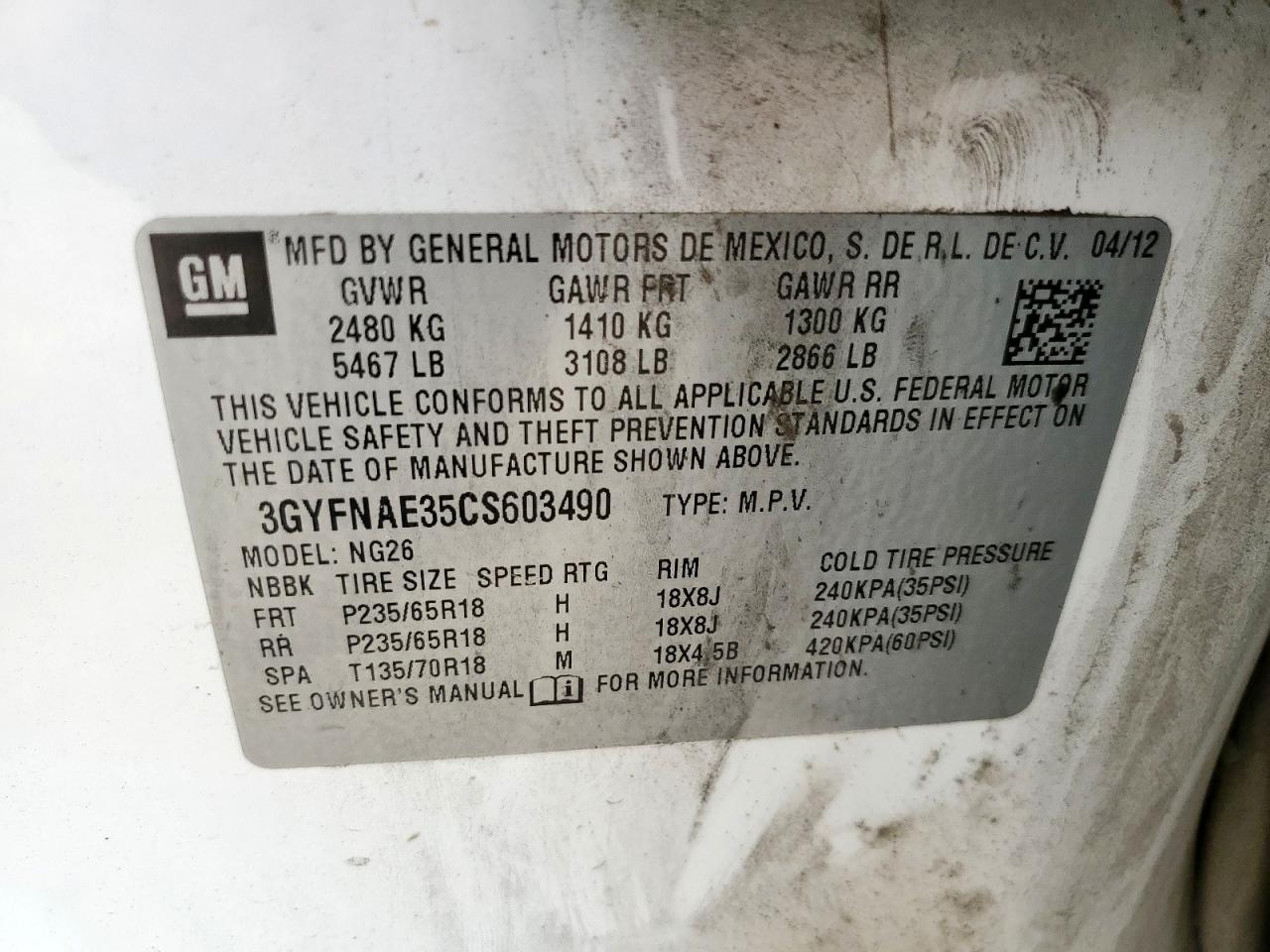 2012 Cadillac Srx Luxury Collection VIN: 3GYFNAE35CS603490 Lot: 68105795