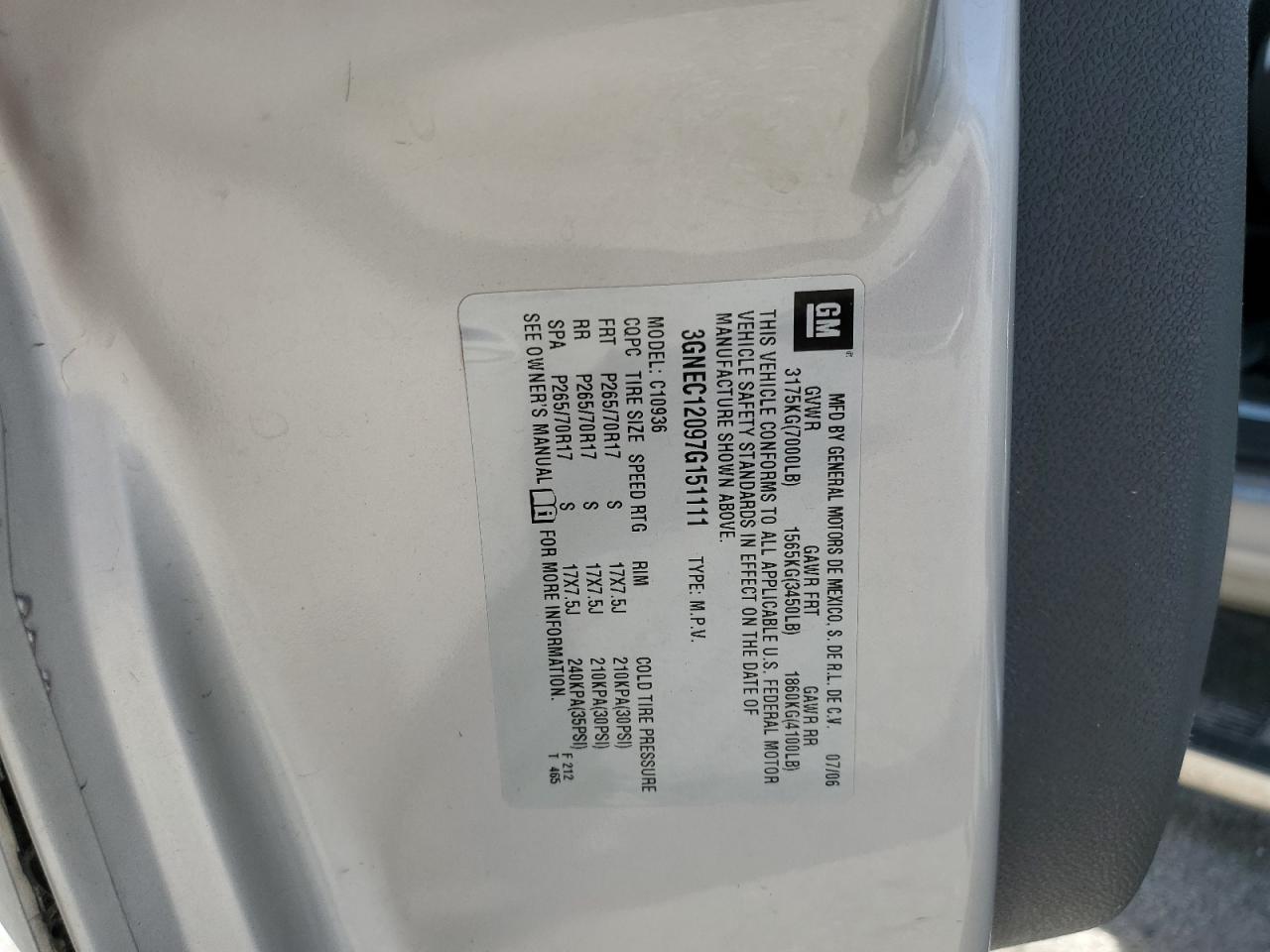 2007 Chevrolet Avalanche C1500 VIN: 3GNEC12097G151111 Lot: 70496305