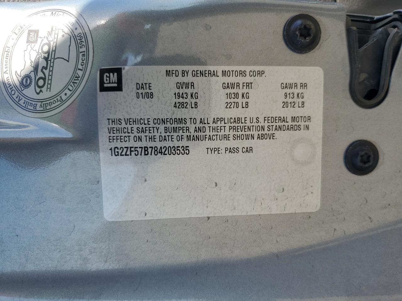 2008 Pontiac G6 Value Leader VIN: 1G2ZF57B784203535 Lot: 70691675