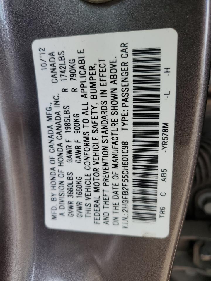 2012 Honda Civic Lx VIN: 2HGFB2F55CH601098 Lot: 70188095