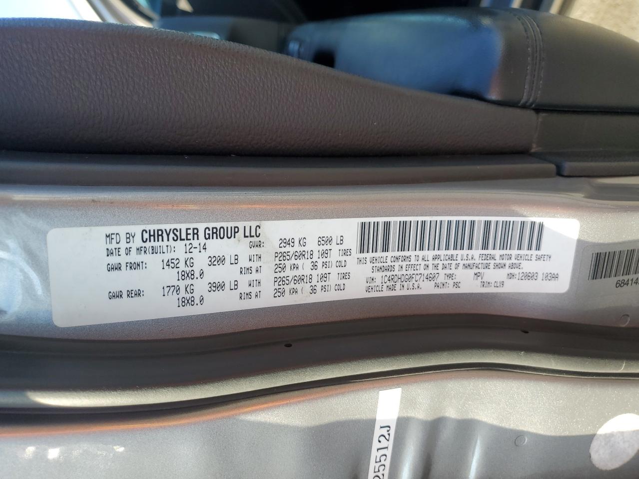 2015 Dodge Durango Limited VIN: 1C4RDHDG0FC714607 Lot: 70835965