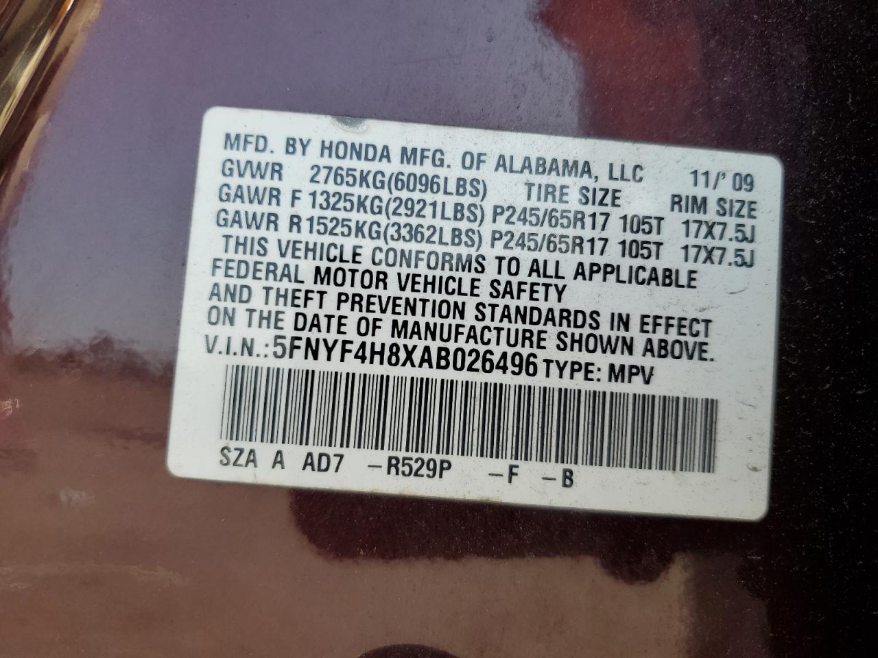 2010 Honda Pilot Touring VIN: 5FNYF4H8XAB026496 Lot: 66742805
