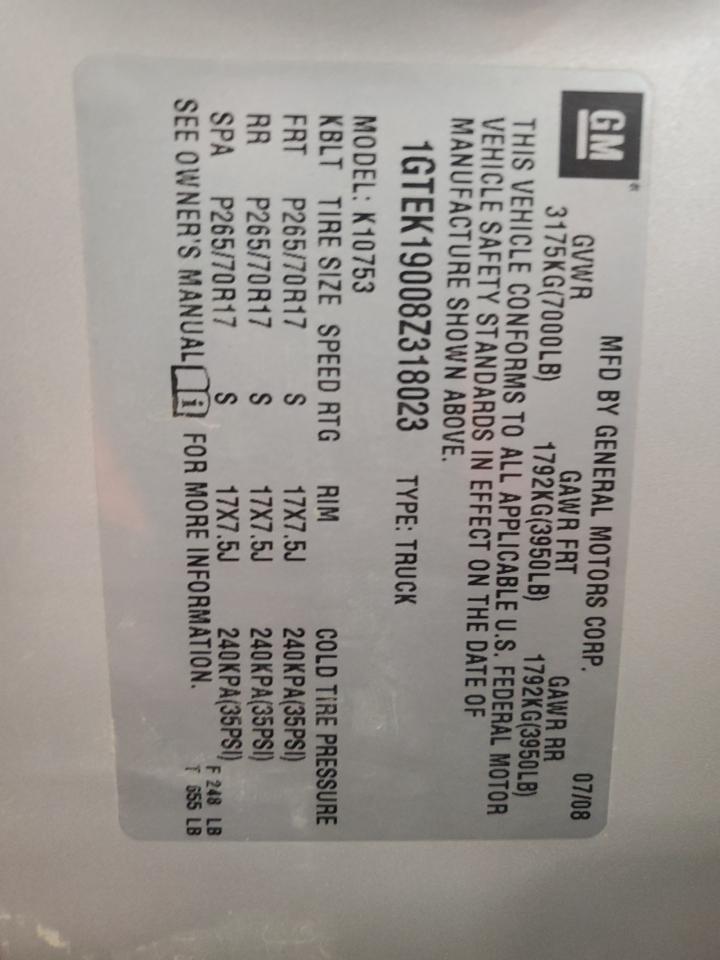 2008 GMC Sierra K1500 VIN: 1GTEK19008Z318023 Lot: 69865195