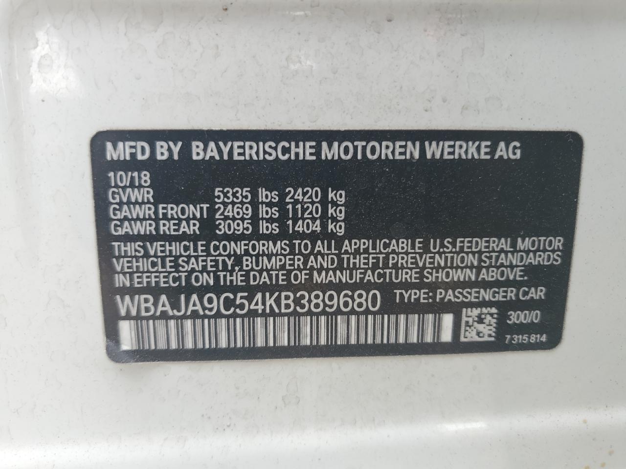 2019 BMW 530E VIN: WBAJA9C54KB389680 Lot: 70389325