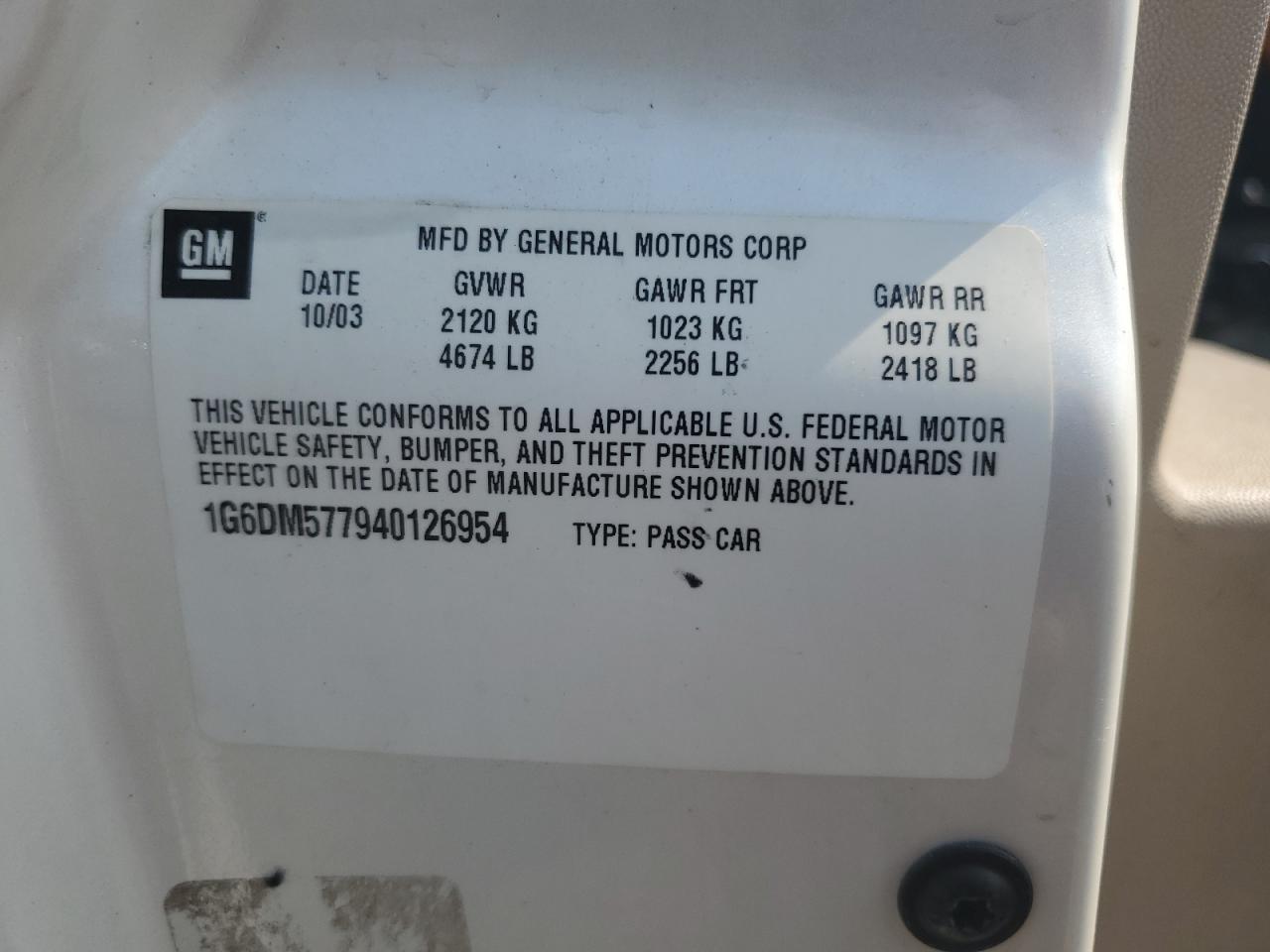 2004 Cadillac Cts VIN: 1G6DM577940126954 Lot: 70917795