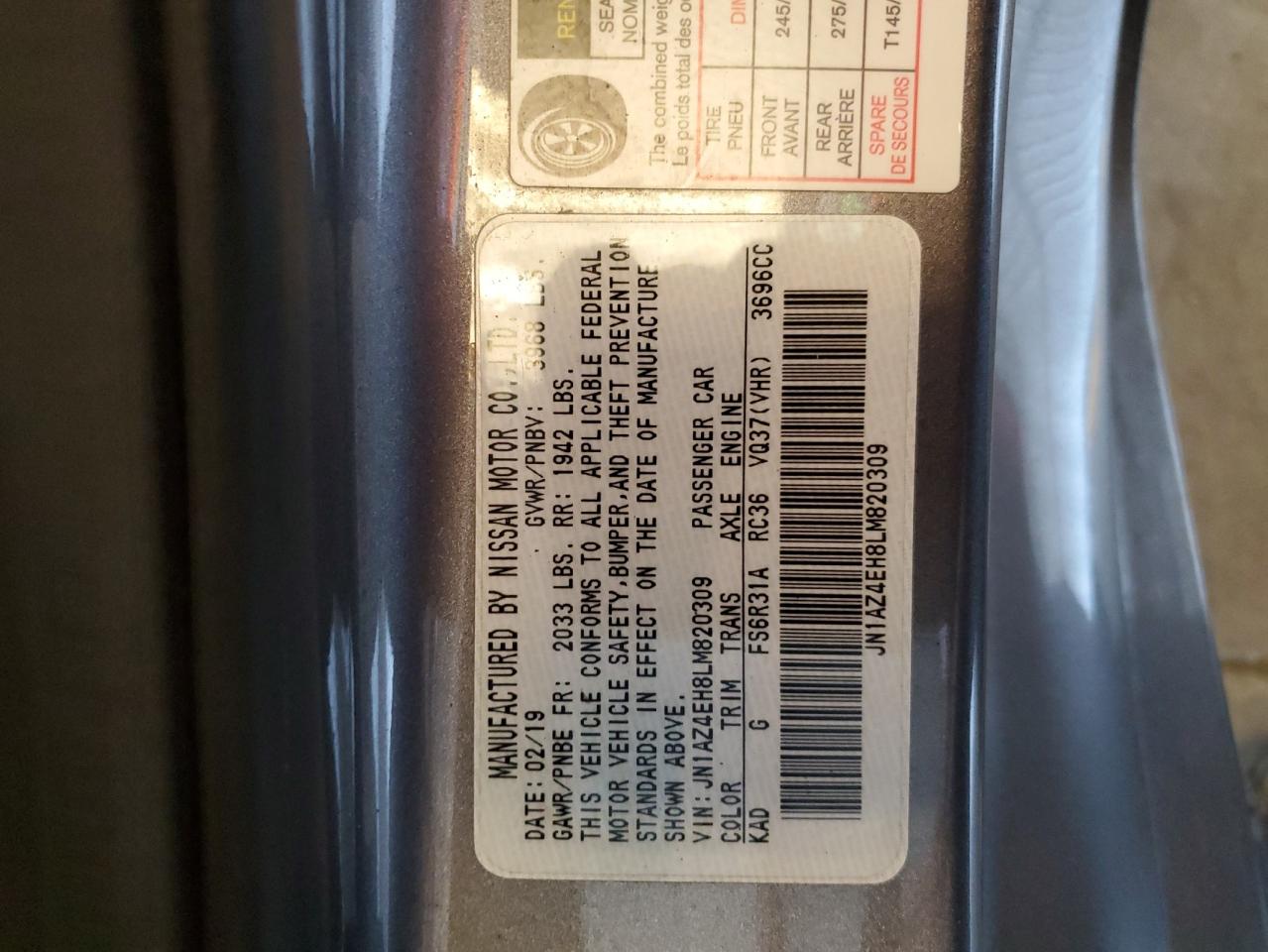 2020 Nissan 370Z Base VIN: JN1AZ4EH8LM820309 Lot: 68575255