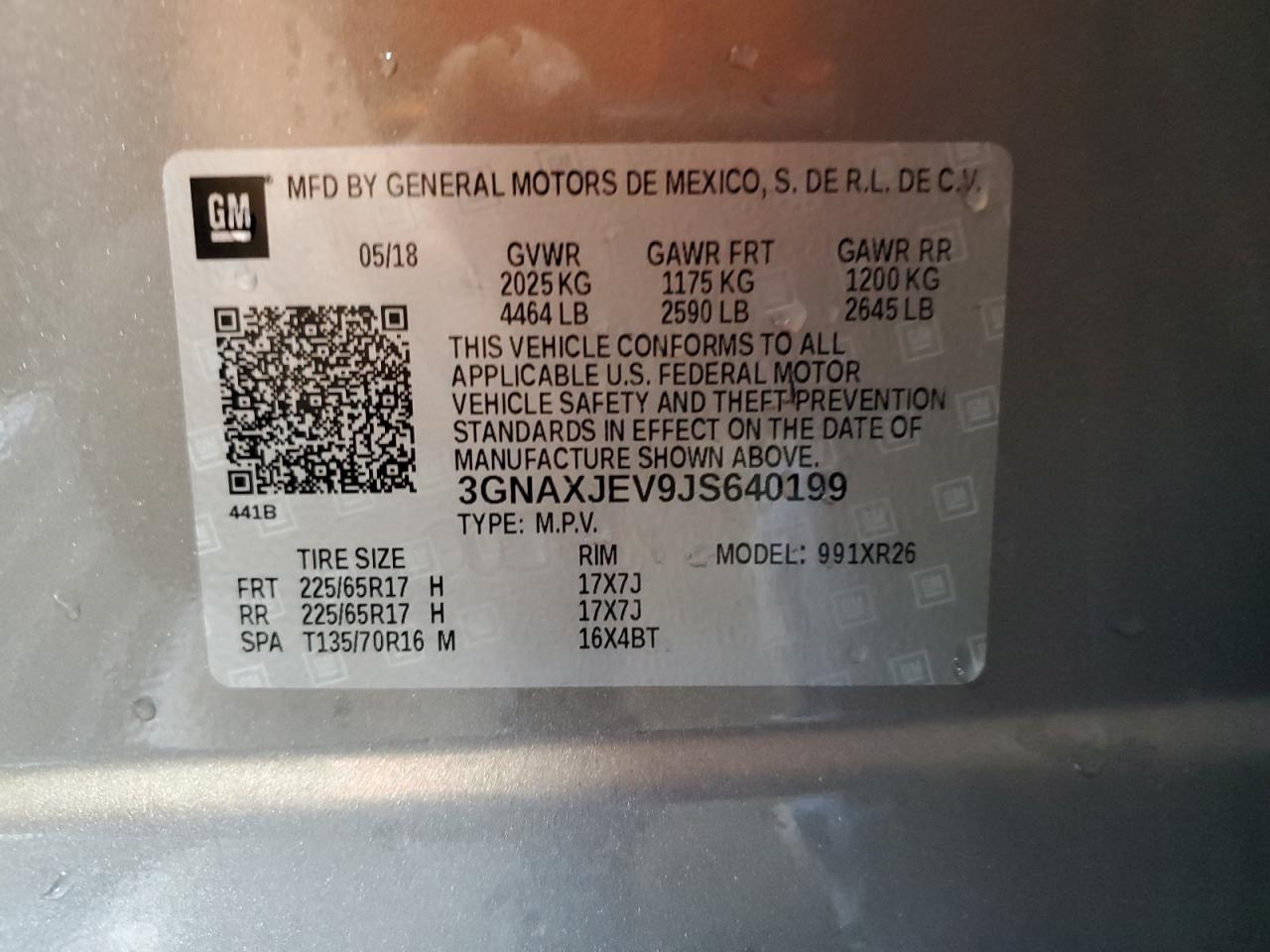 2018 Chevrolet Equinox Lt VIN: 3GNAXJEV9JS640199 Lot: 70880025