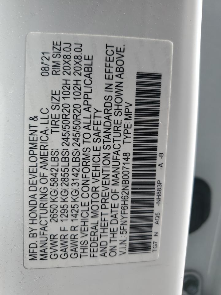 2022 Honda Pilot Touring VIN: 5FNYF6H62NB007148 Lot: 69777725