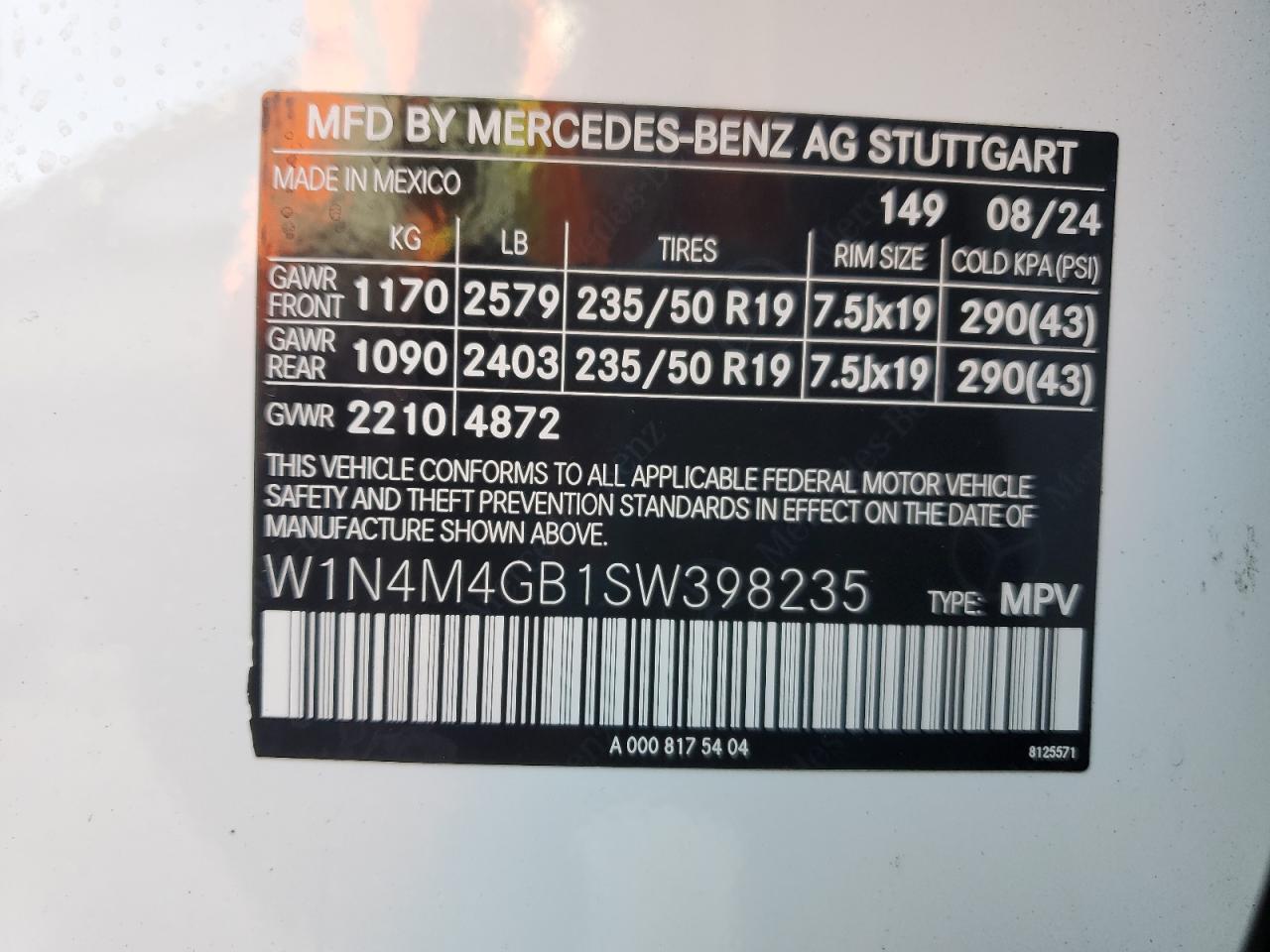 2025 Mercedes-Benz Glb 250 VIN: W1N4M4GB1SW398235 Lot: 70093605