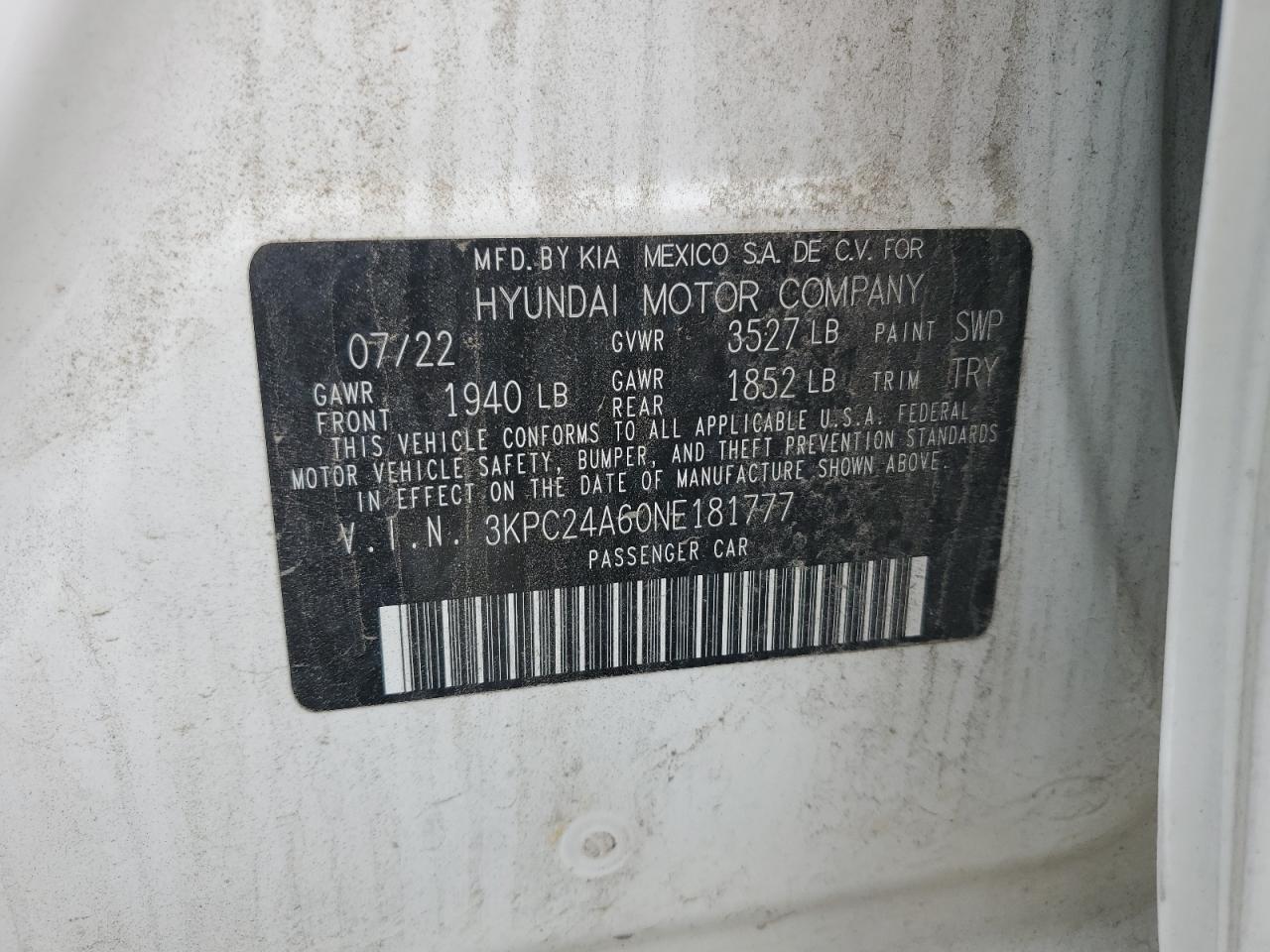 2022 Hyundai Accent Se VIN: 3KPC24A60NE181777 Lot: 70859825