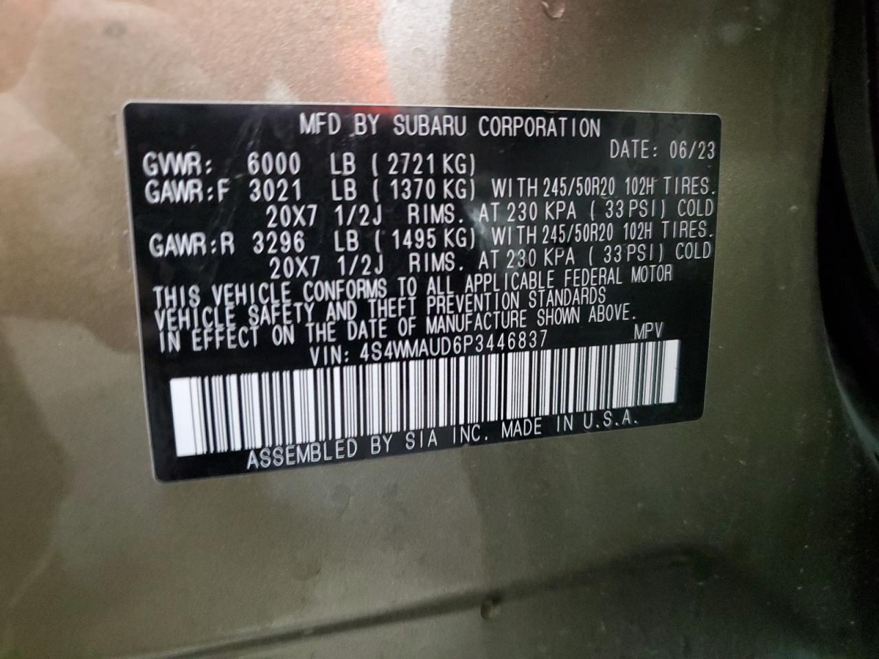 2023 Subaru Ascent Limited VIN: 4S4WMAUD6P3446837 Lot: 70680255