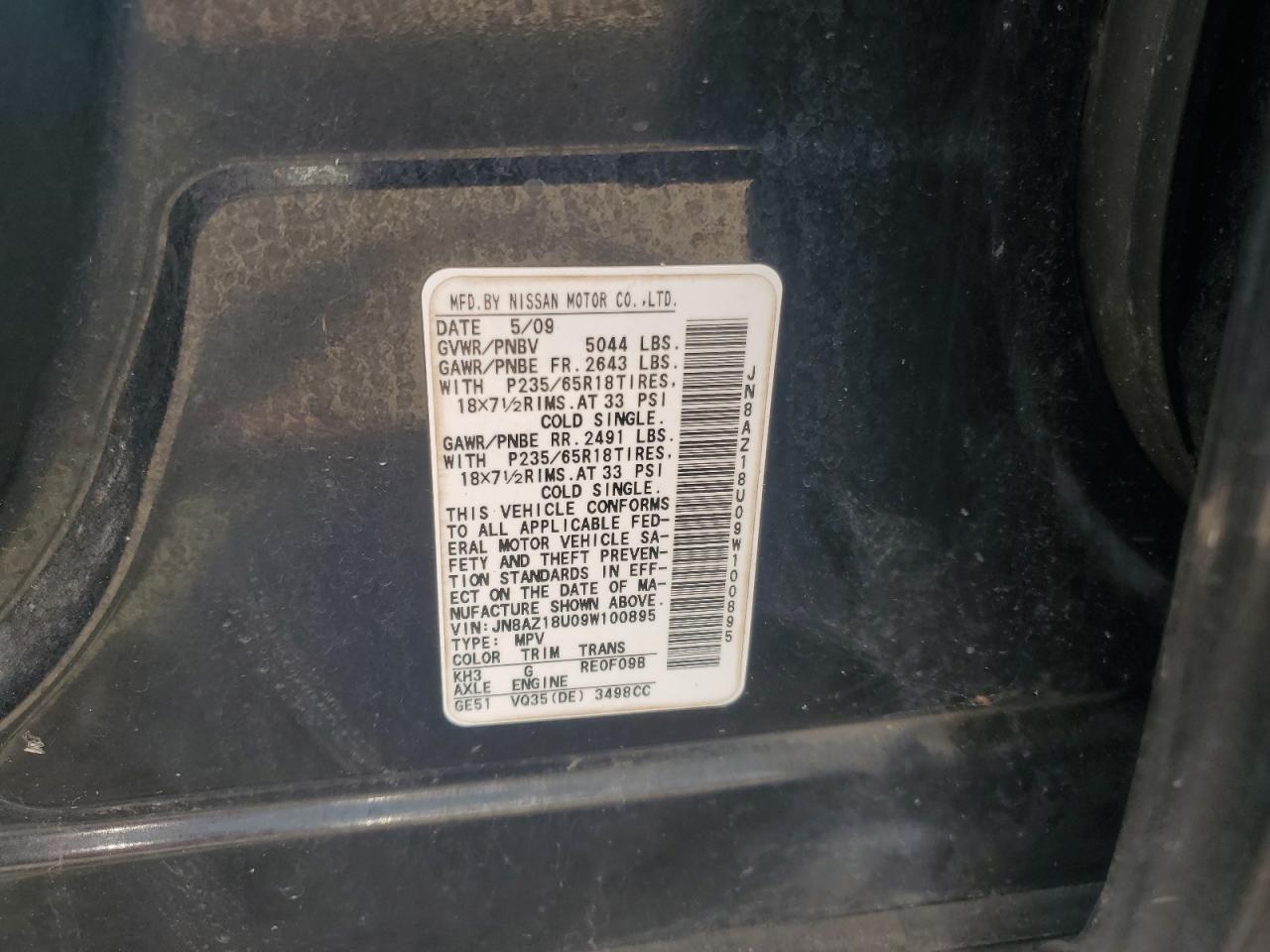 2009 Nissan Murano S VIN: JN8AZ18U09W100895 Lot: 67638975