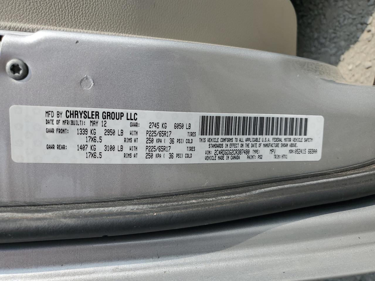 2012 Dodge Grand Caravan Crew VIN: 2C4RDGDG2CR387480 Lot: 70338385