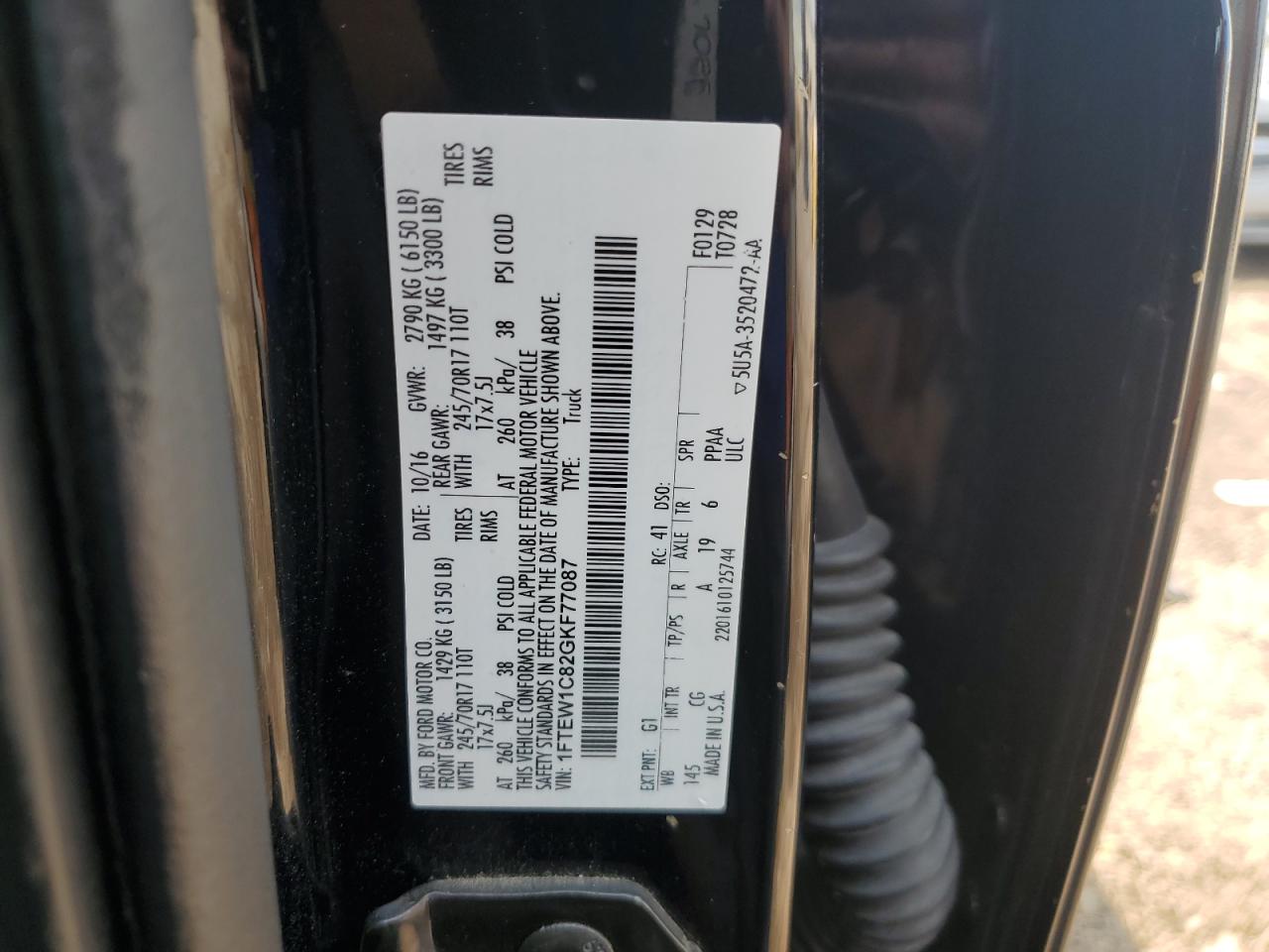 2016 Ford F150 Supercrew VIN: 1FTEW1C82GKF77087 Lot: 67082495