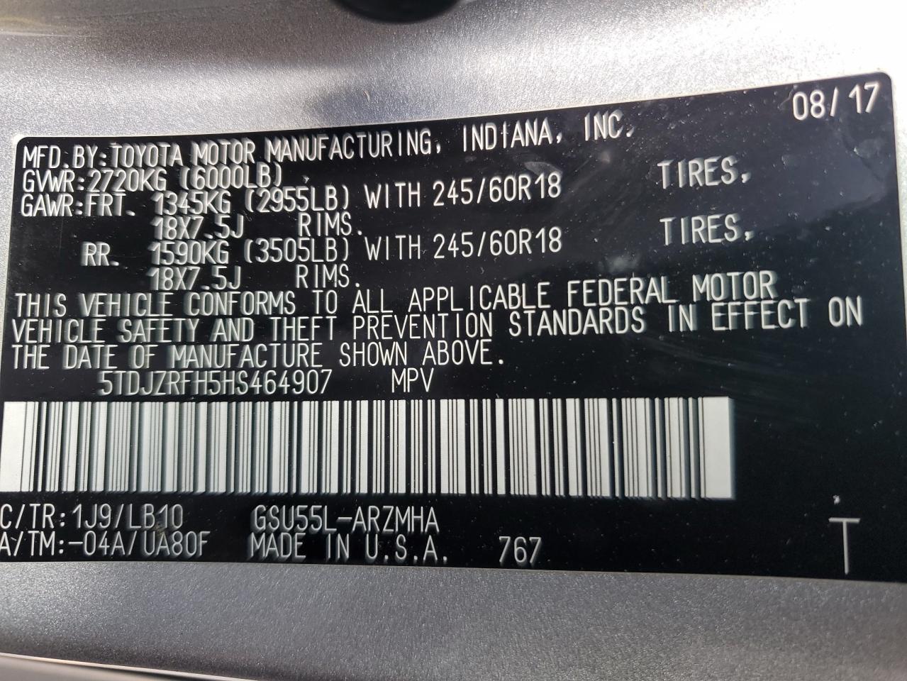 2017 Toyota Highlander Se VIN: 5TDJZRFH5HS464907 Lot: 67609475