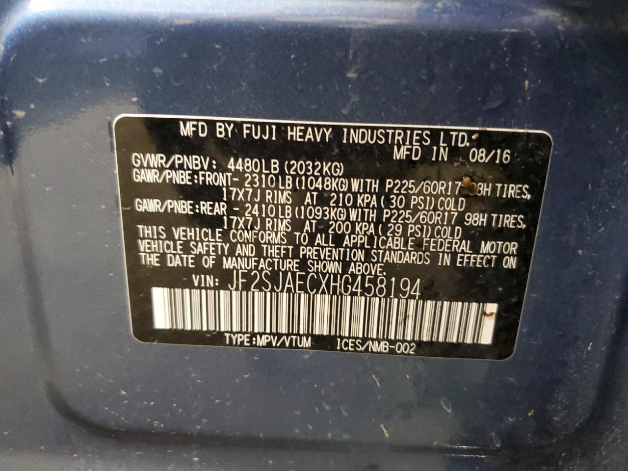 2017 Subaru Forester 2.5I Premium VIN: JF2SJAECXHG458194 Lot: 69701635