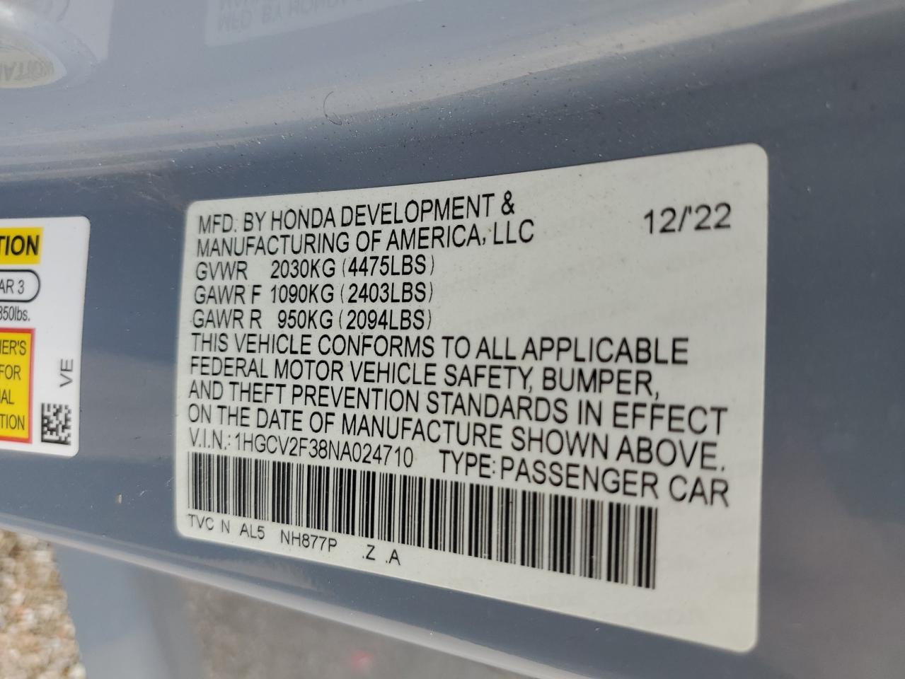 2022 Honda Accord Sport VIN: 1HGCV2F38NA024710 Lot: 68442105