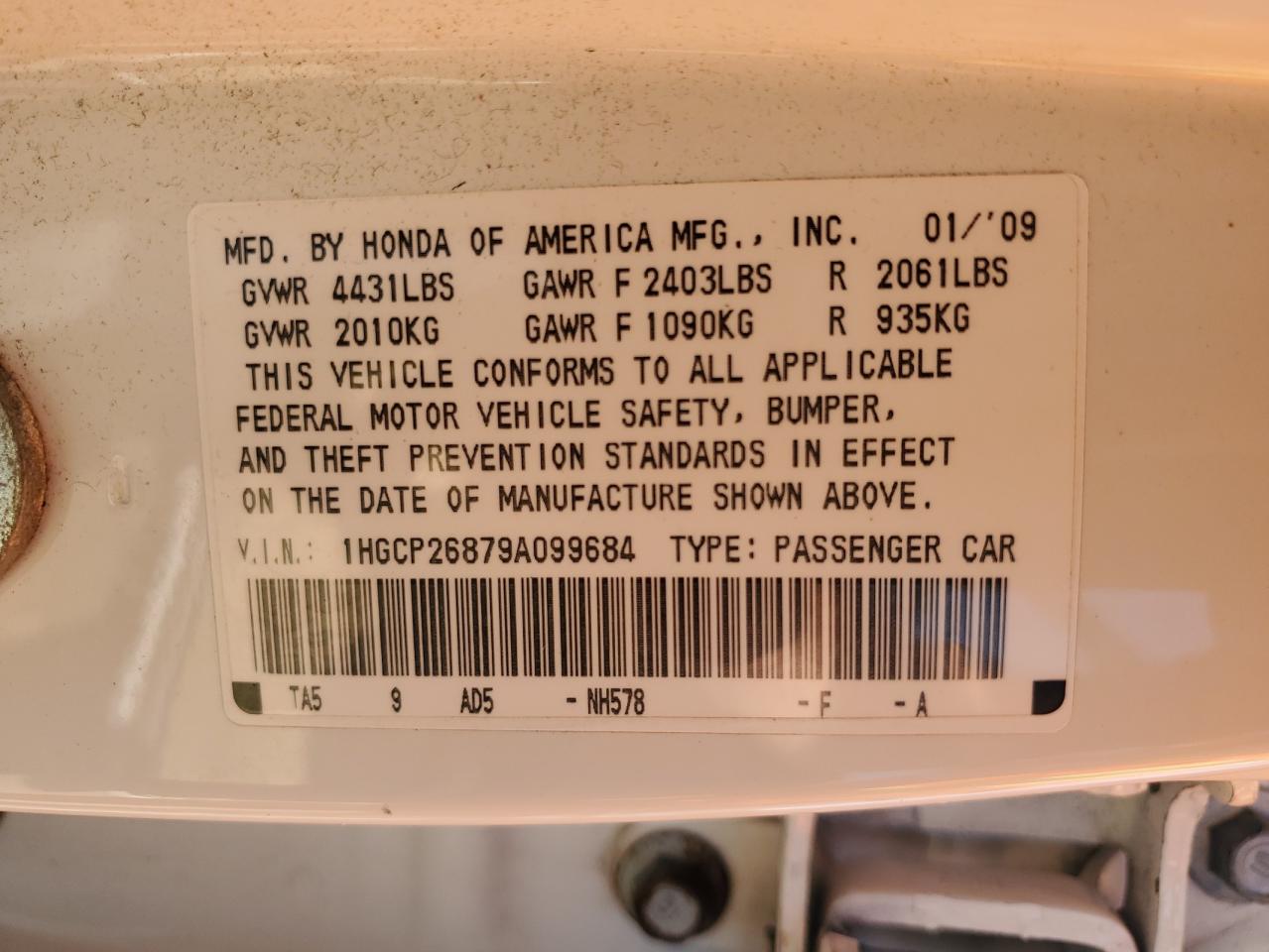 2009 Honda Accord Exl VIN: 1HGCP26879A099684 Lot: 70018975