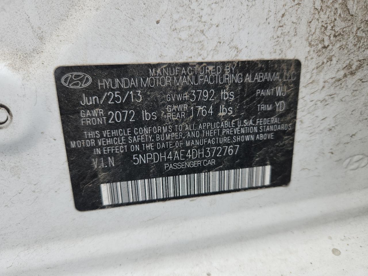 2013 Hyundai Elantra Gls VIN: 5NPDH4AE4DH372767 Lot: 67405985