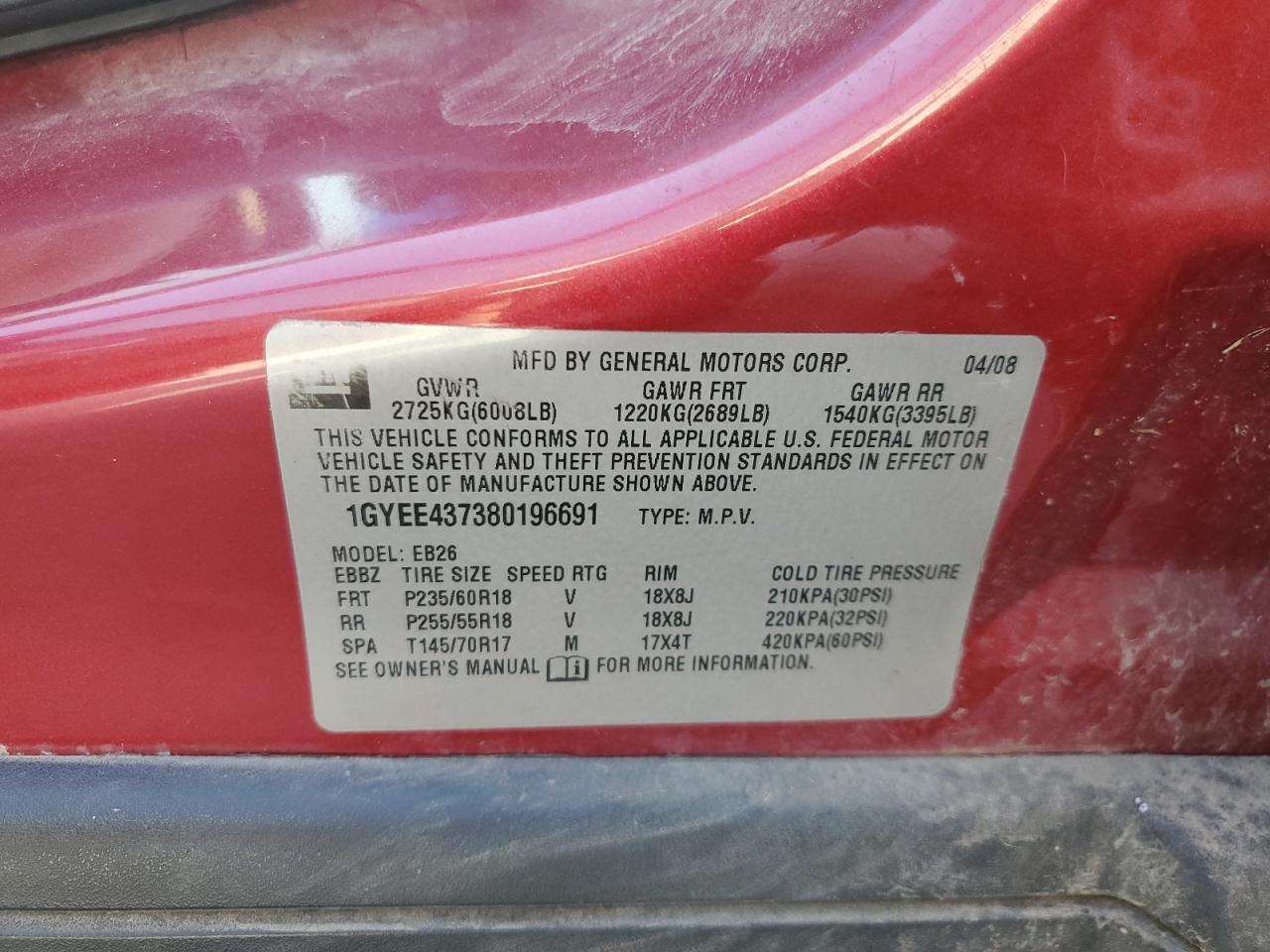 2008 Cadillac Srx VIN: 1GYEE437380196691 Lot: 68020885