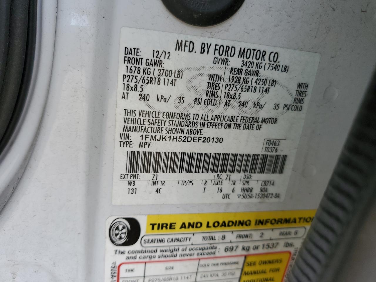 2013 Ford Expedition El Xlt VIN: 1FMJK1H52DEF20130 Lot: 70207425