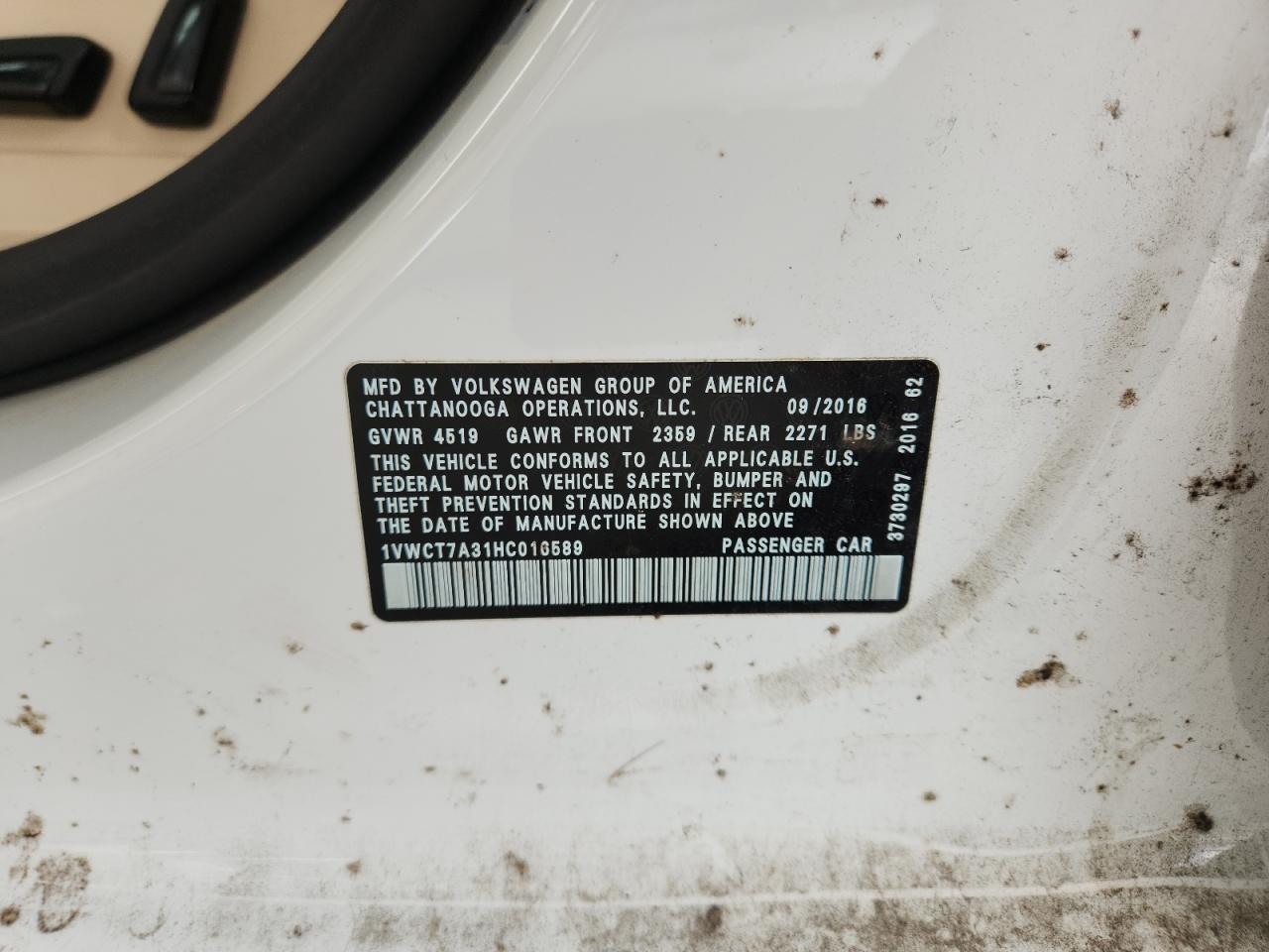 2017 Volkswagen Passat Sel Premium VIN: 1VWCT7A31HC016589 Lot: 68124685