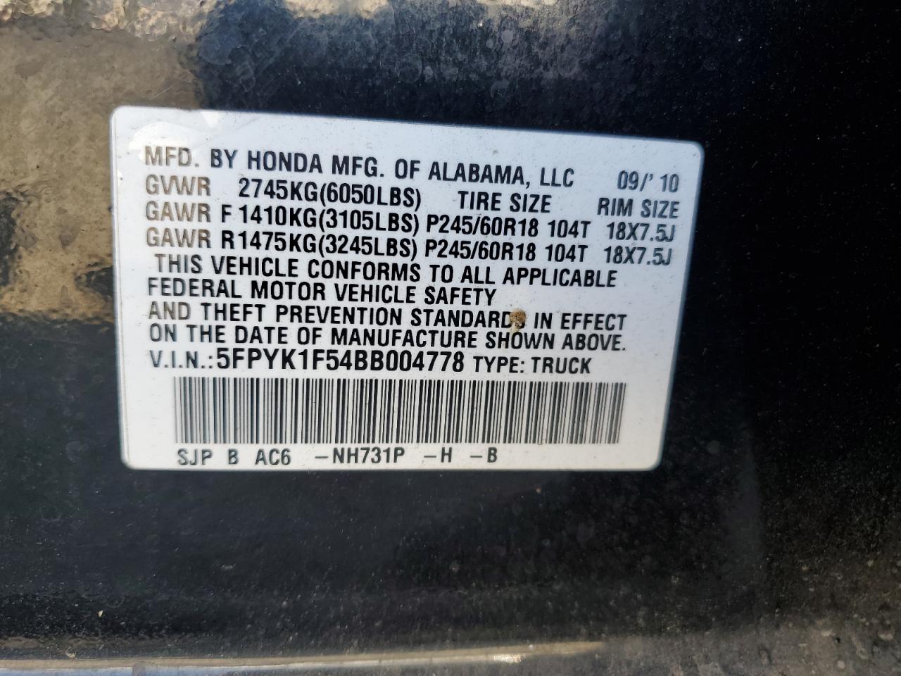 2011 Honda Ridgeline Rtl VIN: 5FPYK1F54BB004778 Lot: 68395475