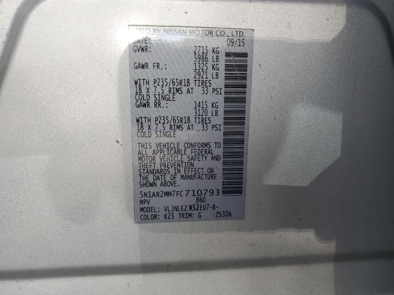 2015 Nissan Pathfinder S VIN: 5N1AR2MM7FC710793 Lot: 69076075