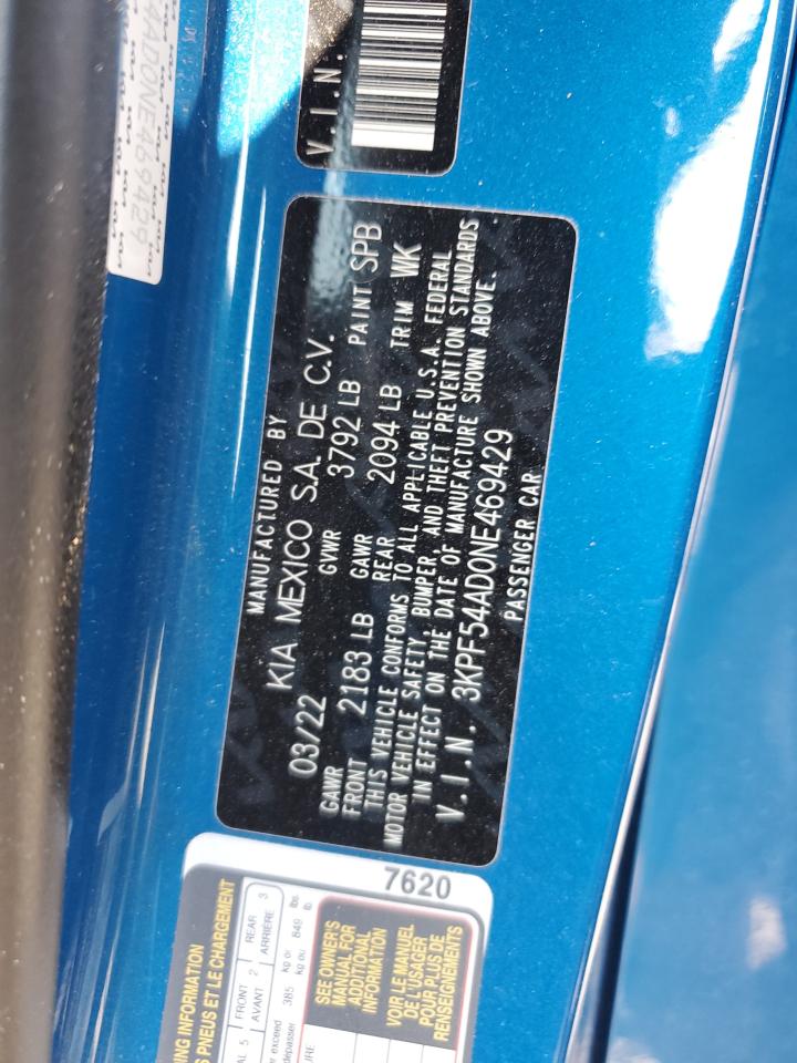 2022 Kia Forte Gt Line VIN: 3KPF54AD0NE469429 Lot: 68772145