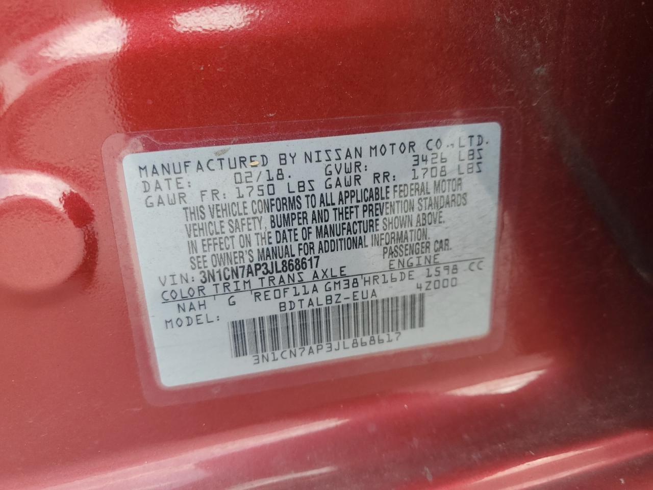 2018 Nissan Versa S VIN: 3N1CN7AP3JL868617 Lot: 70185785