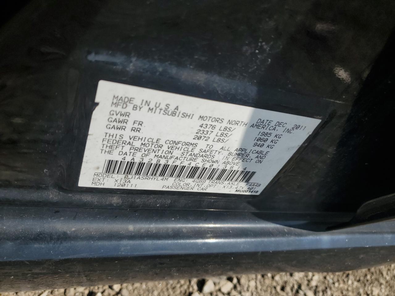 2012 Mitsubishi Galant Es VIN: 4A32B3FF4CE013614 Lot: 69340565