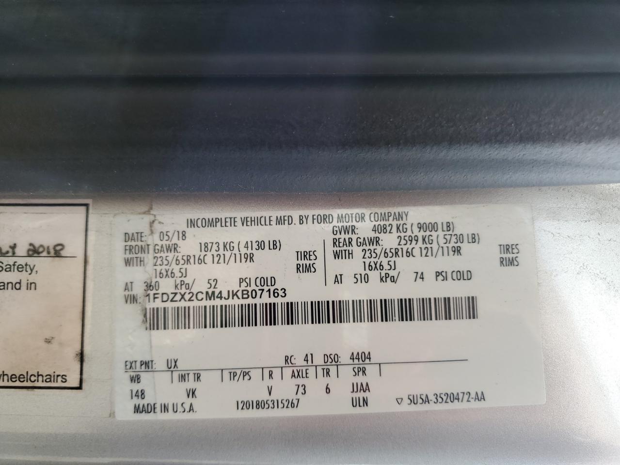 2018 Ford Transit T-350 VIN: 1FDZX2CM4JKB07163 Lot: 68749465