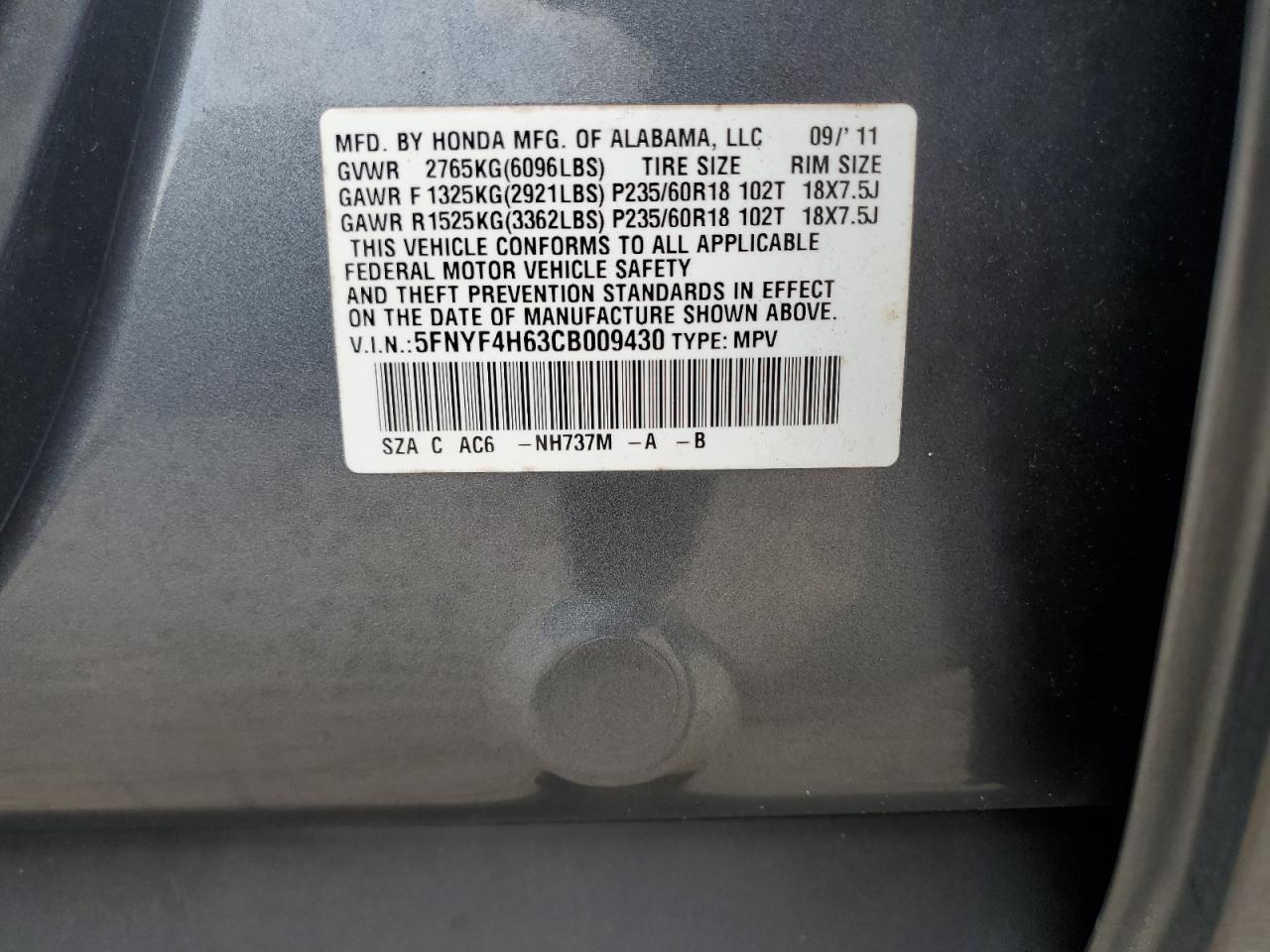 2012 Honda Pilot Exl VIN: 5FNYF4H63CB009430 Lot: 68106415